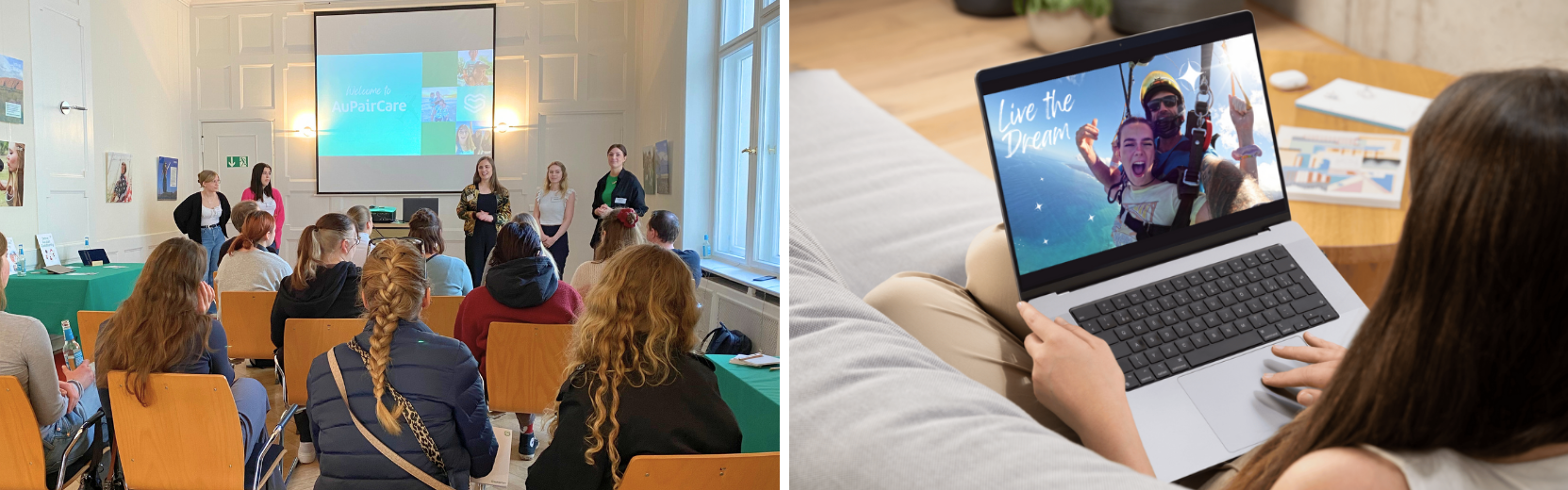 Collage aus zwei Bildern. 1. Veranstaltung vor Ort, 2. Frau sitzt vor Laptop