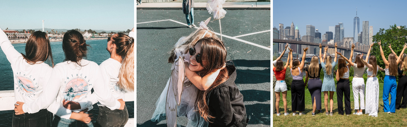 Collage: 1. Drei Au pairs halten sich mit dem Rücken zur Kamera im Arm. 2. Junge Frau umarmt kleines Kind. 3. Au pairs in NYC