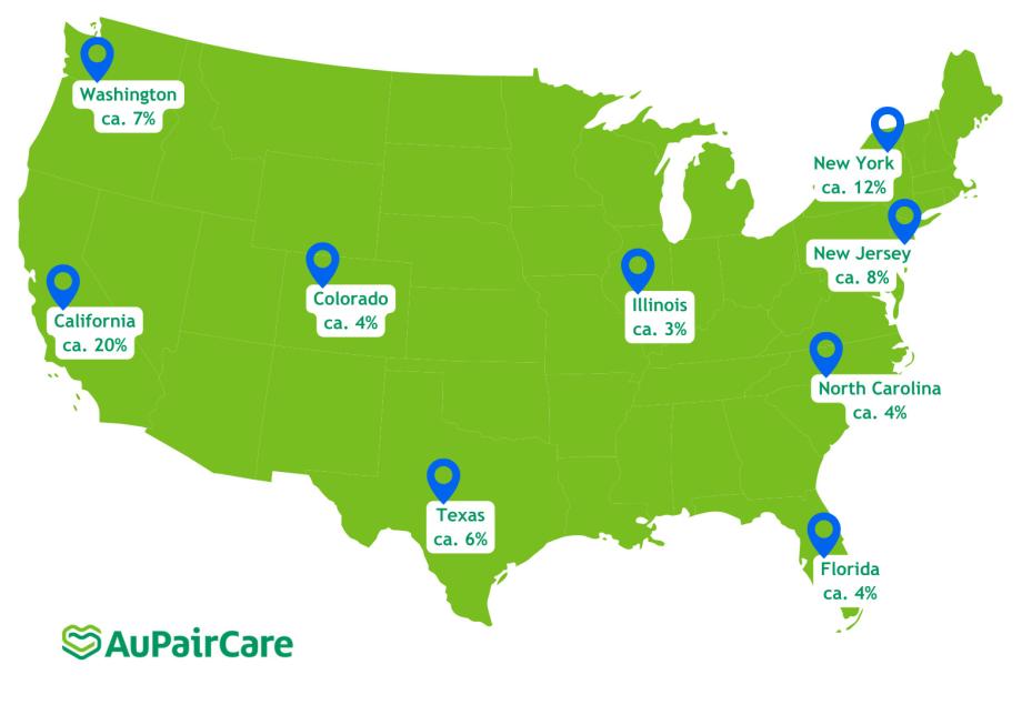 Karte der USA mit der Verteilung der AuPairCare Gastfamilien